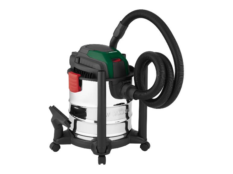 Parkside Nass-Trockensauger mit Schlauch und Zubehör, auf weißem Hintergrund.