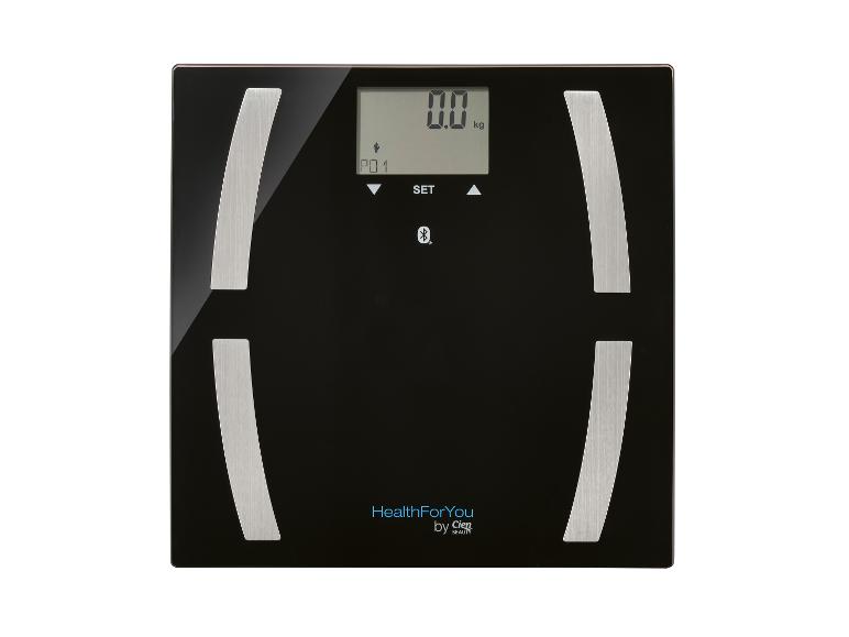 Schwarze digitale Personenwaage mit silbernen Akzenten und dem Text 'HealthForYou by Cien BEAUTY'.