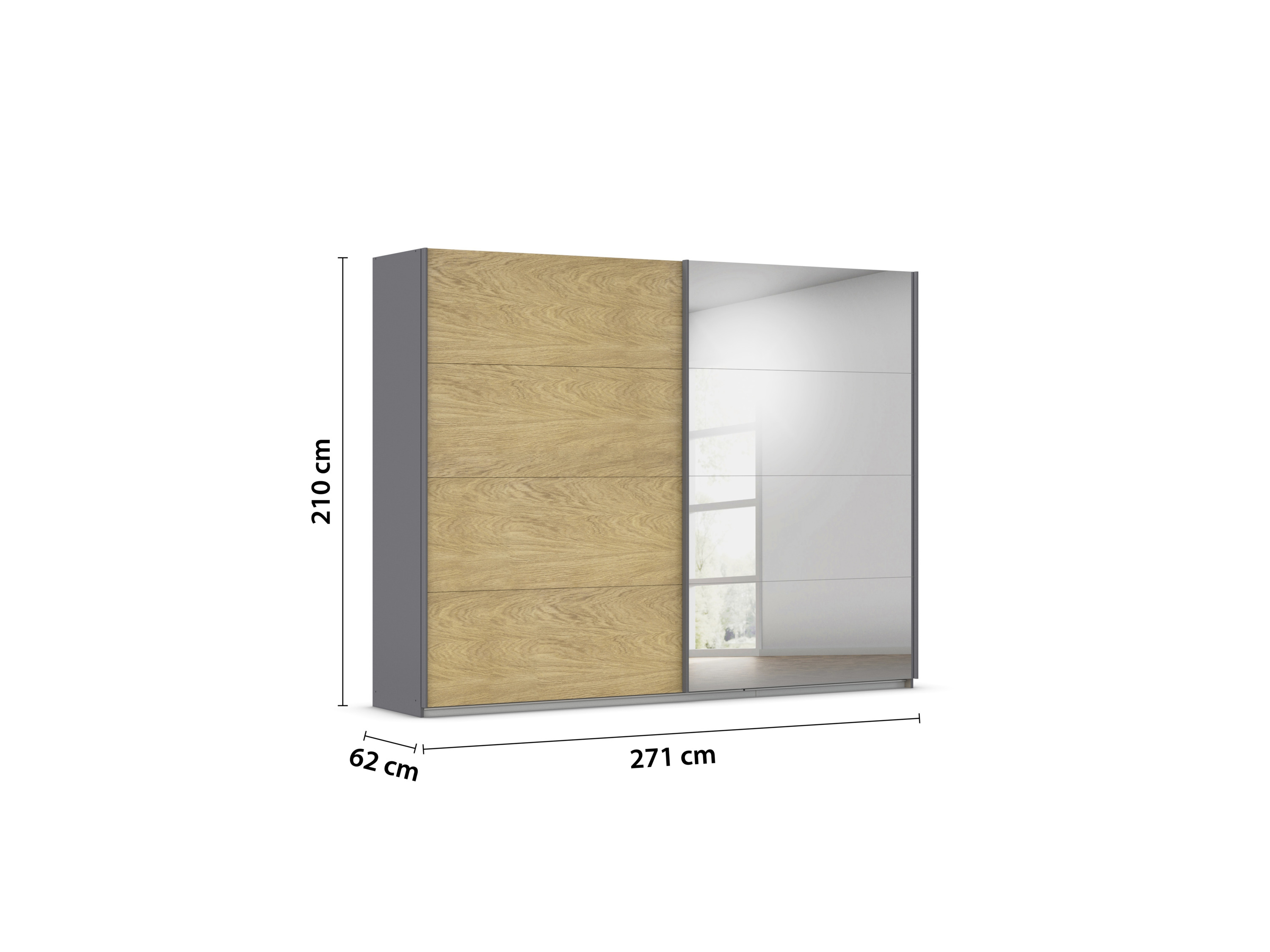 RAUCH ORANGE Malva-Extra Schwebetürenschrank (mit Spiegel, Eiche Furnier/Graumetallic, Breite 271 cm / Höhe 210 cm) – Bild 3 von 4