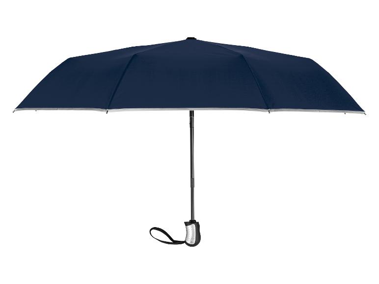 Offener marineblauer Regenschirm mit silbernem Rand und schwarzem Griff