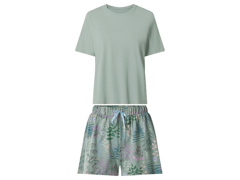 Damen-Sommerpyjama mit mintgrünem T-Shirt und Shorts mit Blumenmuster.