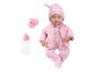 Babypuppe in rosa Schlafanzug und Jacke mit Schnuller und Flasche.
