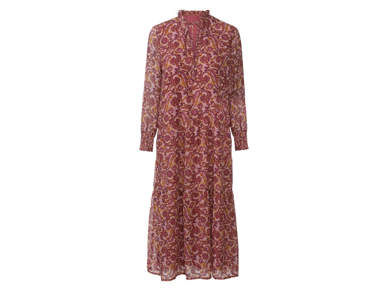 Langes, rosafarbenes Kleid mit Paisley-Muster.