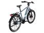 Graues E-Bike mit schwarzem Gepäckträger und Schutzblechen, von hinten rechts gesehen.
