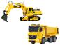 Gelber Spielzeugbagger und Muldenkipper