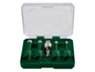 Ein Satz mit fünf Diamantbohrern in einer grünen Box.