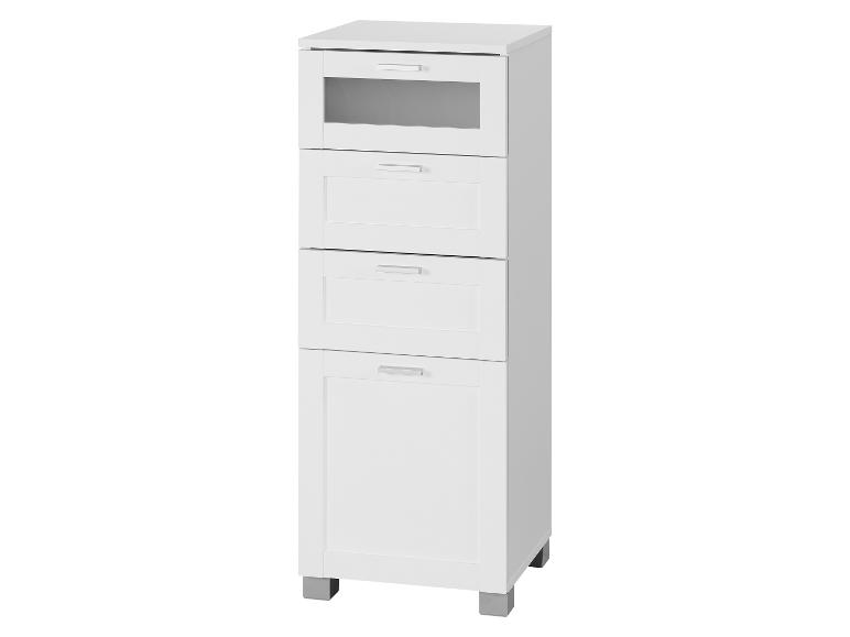 Weißer Hochschrank mit Glastür und drei Schubladen