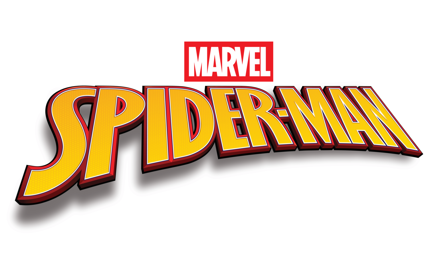 Logo mit dem Text „SPIDER-MAN“ in Gelb und Rot, darüber „MARVEL“.