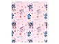 Rosa Decke mit Stitch- und Angel-Charakteren und Blumen, mit dem Text 'STITCH ANGEL'.