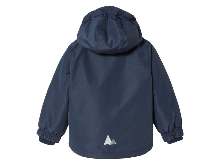 Eine dunkelblaue Regenjacke mit Kapuze für Kinder.