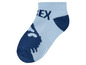 Blaue Socken mit dunkelblauen Details und dem Wort 'SEX'.