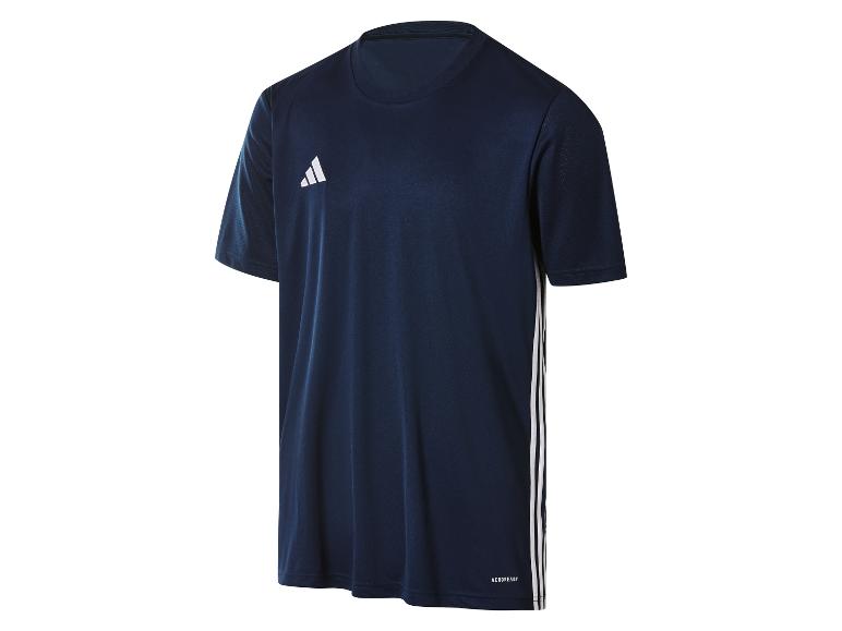 Dunkelblaues Adidas AEROREADY Sport-T-Shirt mit kurzen Ärmeln und drei weißen Seitenstreifen.