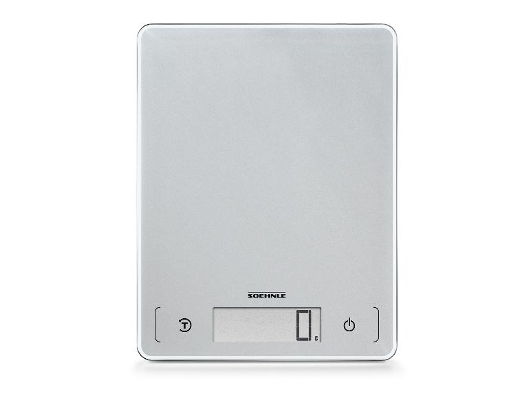 Silberne digitale Küchenwaage mit einem Display, das '0 g' anzeigt, und zwei Bedientasten.