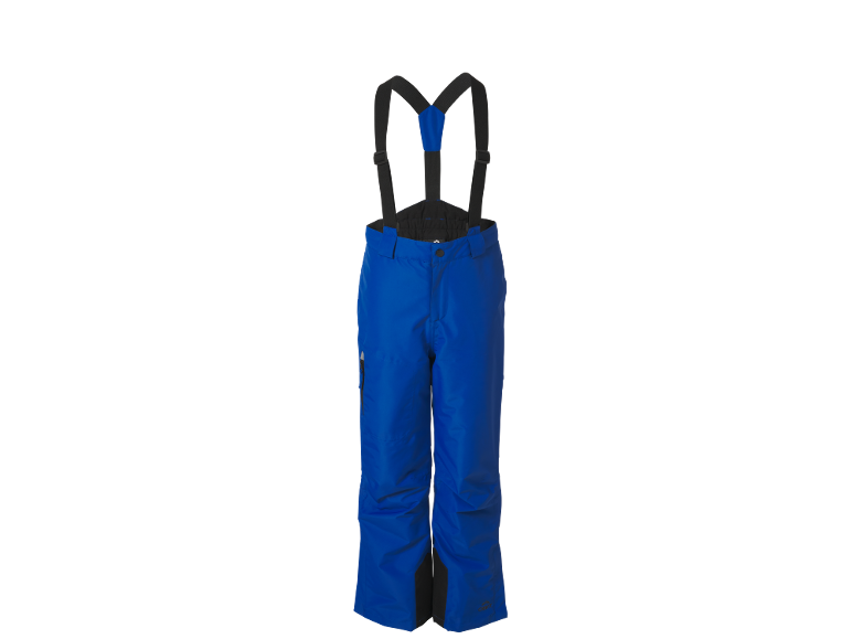 Blaue Skihose mit schwarzen Hosenträgern, ideal für Wintersport.