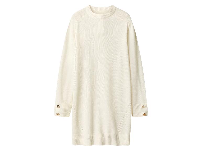 Cremefarbenes Langarm-Pulloverkleid mit goldenen Knöpfen an den Manschetten