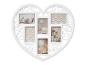 Ein weißer, herzförmiger Bilderrahmen mit Fotos von einem Interieur.