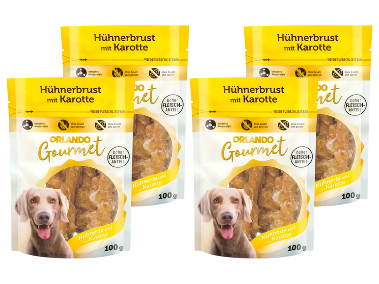 Gehe zu Vollbildansicht: ORLANDO Gourmet Hundesnack Hühnerbrust mit Karotte, 4 x 100 g - Bild 1
