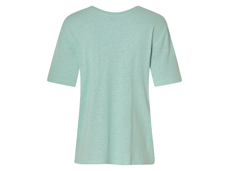 Hellgrünes Damen-Leinen-T-Shirt mit kurzen Ärmeln.