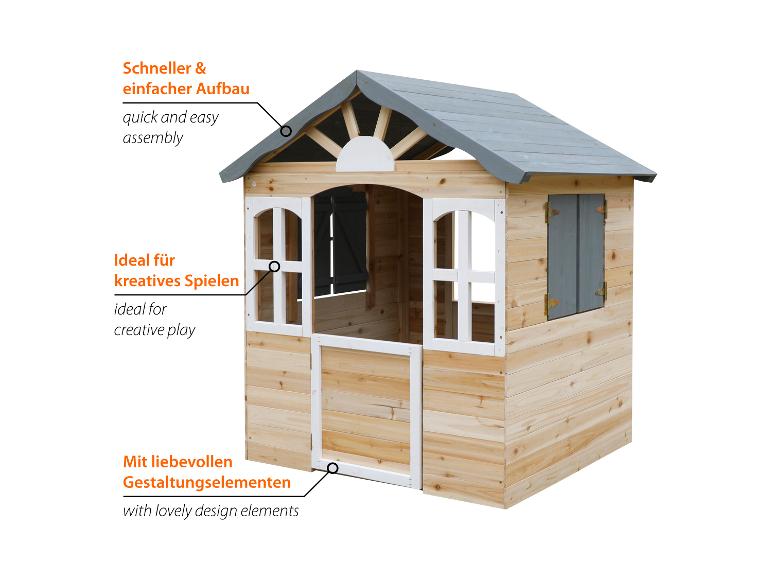Holzspielhaus, schneller und einfacher Aufbau, ideal für kreatives Spielen, mit liebevollen Gestaltungselementen.
