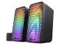 Ein Paar schwarze Computerlautsprecher mit RGB-Beleuchtung auf weißem Hintergrund.