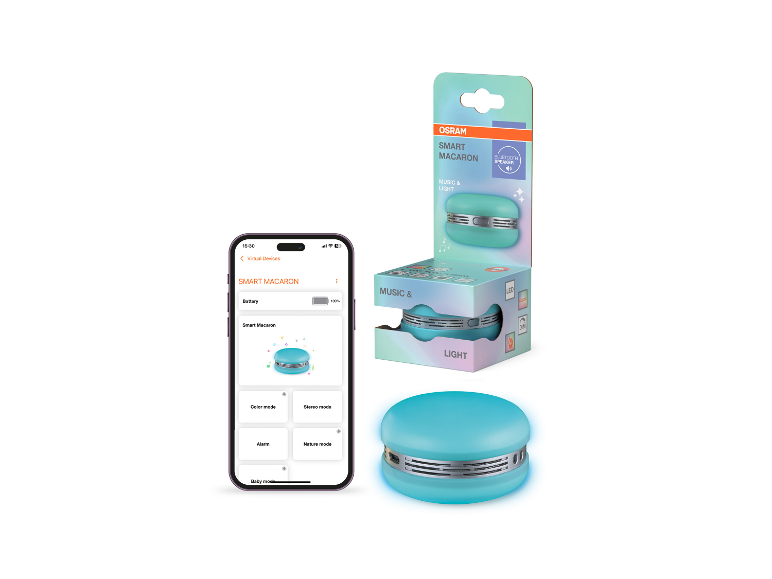 Smarter Lautsprecher in Macaron-Form, in Verpackung und mit Telefon-App.