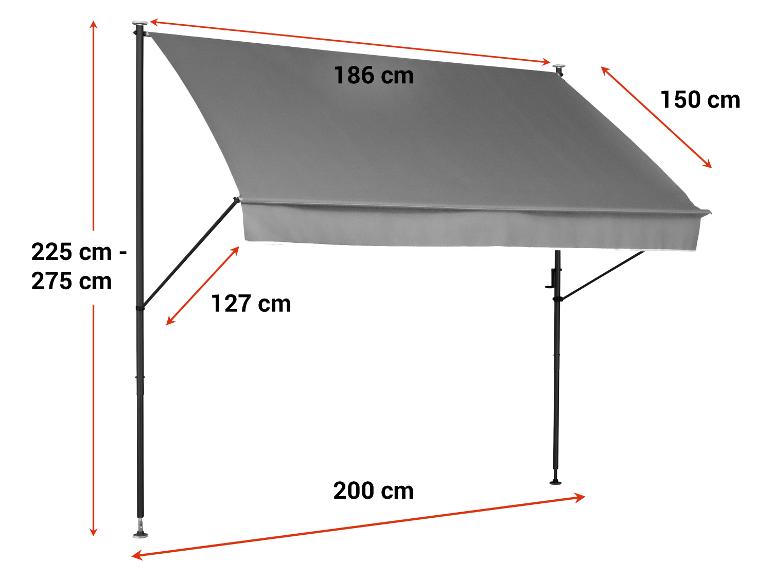 Graue Markise mit Maßen: 186 cm breit, 150 cm tief, 225-275 cm hoch, 200 cm zwischen den Stangen.