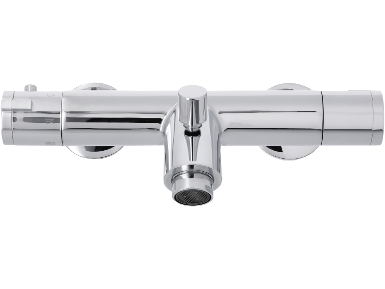 Verchromter Thermostat-Duschmischer mit zentralem Auslauf.