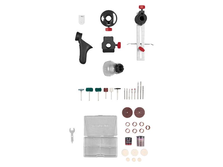 Ein Zubehörset für Rotationswerkzeuge, inklusive Schleifscheiben, Bohrer und Polierscheiben.