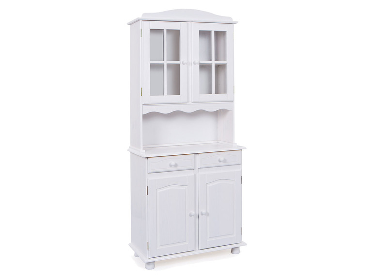 Weißer Holzschrank mit Glastüren und Schubladen.