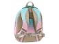 Kinderrucksack mit blau-rosa Farbverlauf und Cartoon-Katzenmuster, Rückansicht.