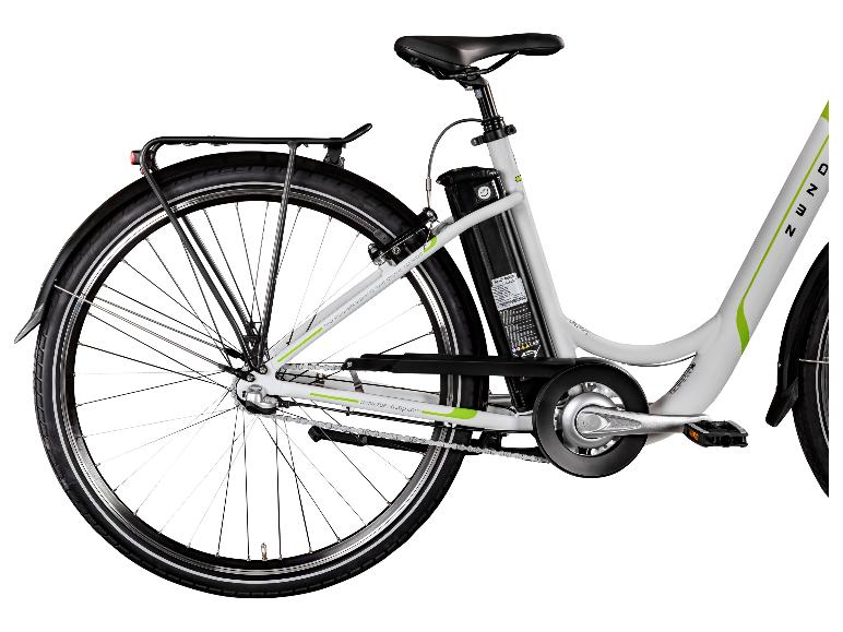 Hinterrad, Akku und Rahmen des Zündapp Z510 E-Cityrads für Damen.