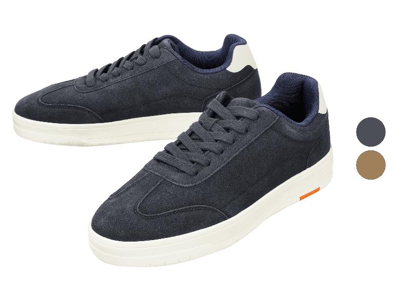 Blaue Wildleder-Sneaker mit weißen und orangefarbenen Details, mit Farboptionen in Grau und Braun.