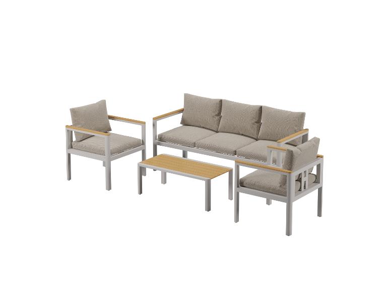 Graue Outdoor-Möbelgarnitur mit Sofa, zwei Sesseln und Couchtisch