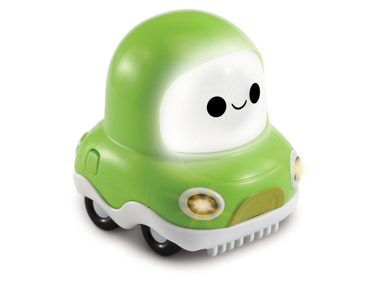 Ein grünes Spielzeugauto mit Lichtern und einem lächelnden Gesicht.
