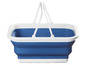 Ein blauer faltbarer Wäschekorb mit weißen Griffen.