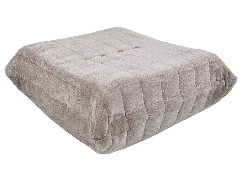 Hellgraues getuftetes Bodenkissen oder Pouf aus weichem, strukturiertem Stoff.