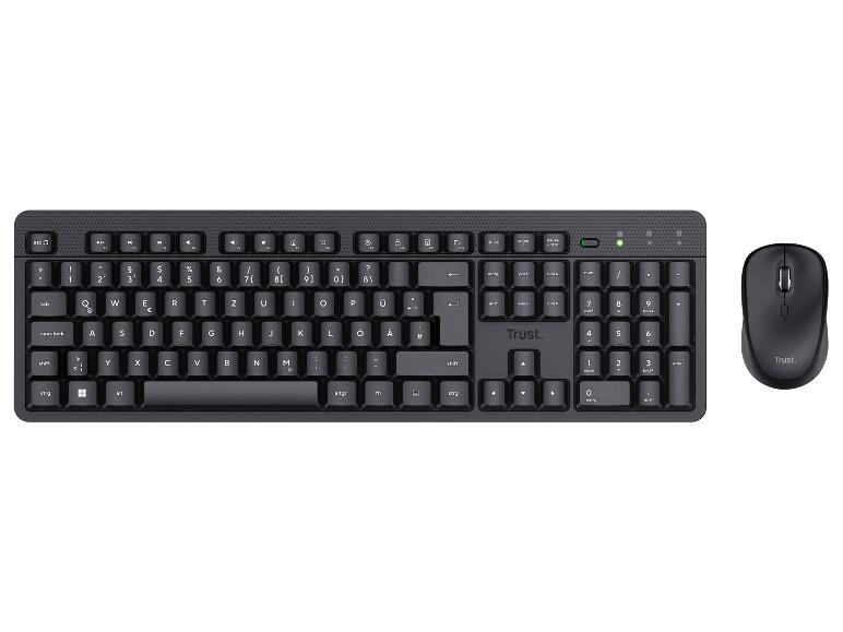 Schwarze kabellose Tastatur und Maus mit deutschem Tastenlayout.