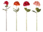 Vier künstliche Blumen, darunter eine rote Rose und drei Hortensien in verschiedenen Farben.