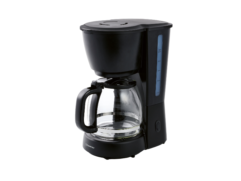 Schwarze SilverCrest Kaffeemaschine mit Glaskanne.