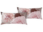 Zwei Kissen mit rosafarbenem Blumenmuster.