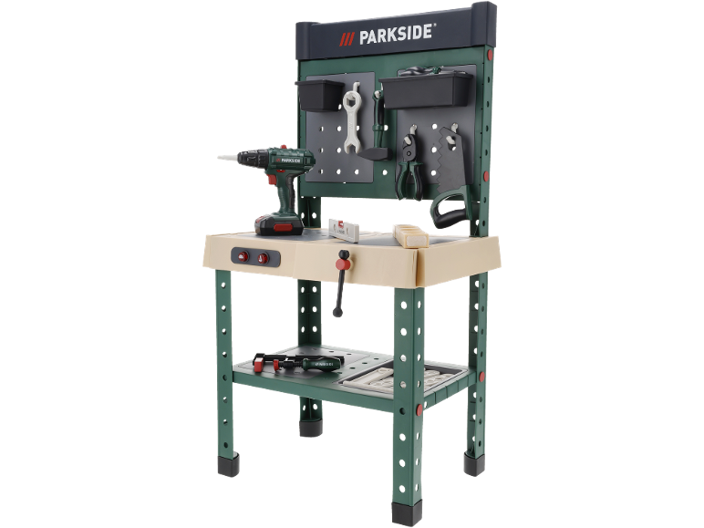 Eine Spielzeug-Werkbank mit Bohrmaschine, Säge, Hammer, Schraubenschlüssel und anderem Werkzeug.