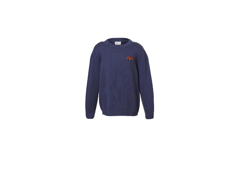 Dunkelblauer Kinderpullover mit orangefarbenem LKW-Motiv.