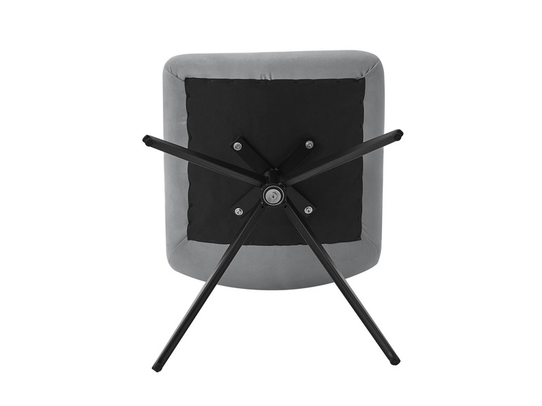 Unterseite eines grauen Stuhls mit schwarzer Drehbasis.