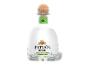 Silberne Tequila-Flasche mit grünem Etikett und Korkverschluss.