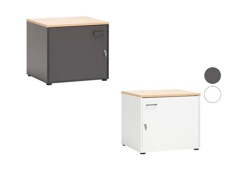Büroschränke mit Holzplatte, einer dunkelgrau und einer weiß