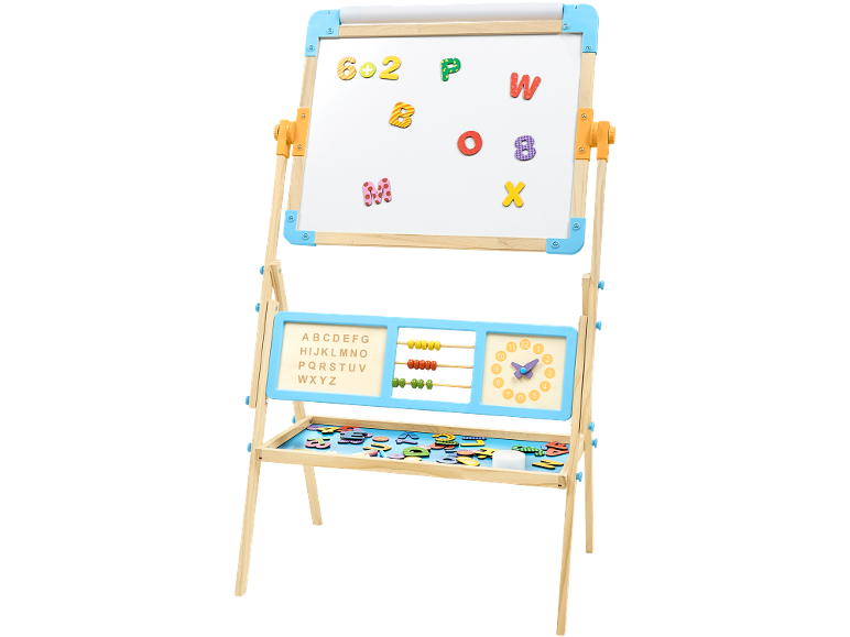 Kinderstaffelei mit Tafel, Abakus, Uhr und Magnetbuchstaben.