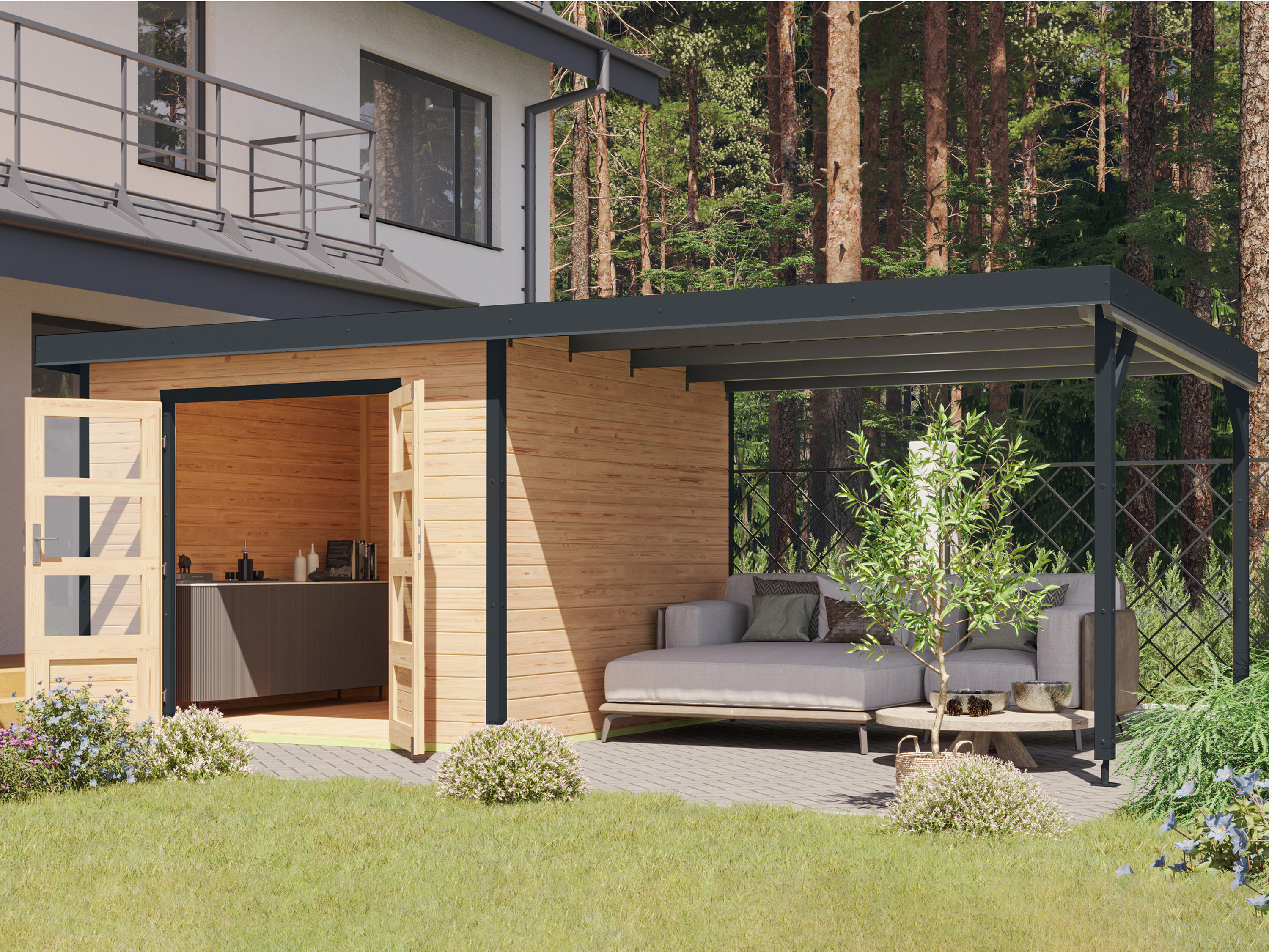 KARIBU Gartenhaus Premium Hybrido (mit Anbaudach, Natur/Anthrazit) – Bild 2 von 4