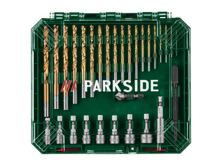 Bohrer- und Bit-Set in einer grünen Box mit Werkzeugen und dem Schriftzug „PARKSIDE“.