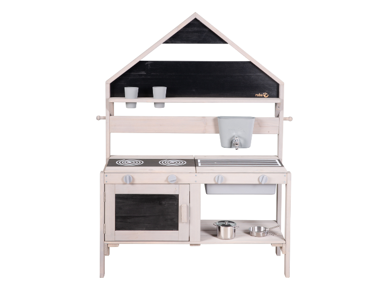 Roba Kinderspielküche – weißes Holzdesign mit Regalen und Zubehör.