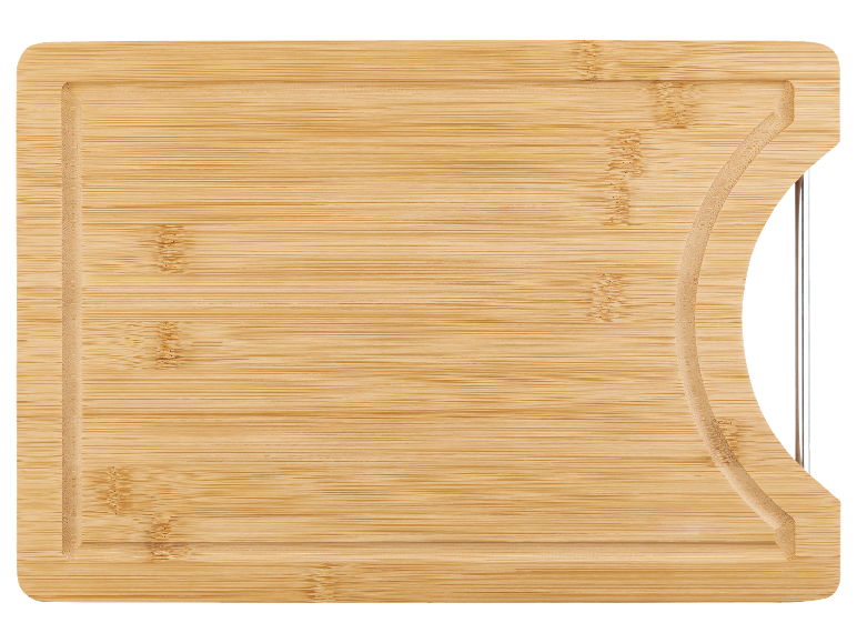 Bambusschneidebrett mit Metallgriff.